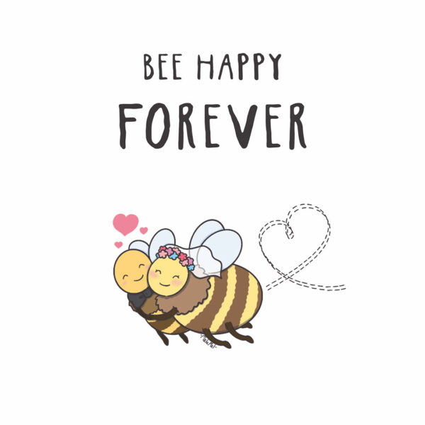 Detailansicht der Hochzeitskarte mit Bienenmotiv. Man sieht zwei Bienen, die im Hochzeitsgewand zusammen fliegen sowie die Überschrift "Bee happy forever".