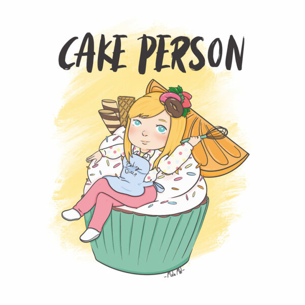 Detailansicht des Motivs der "Cake Person"-Postkarte, die eine junge Frau auf einem Cupcake tronend darstellt.